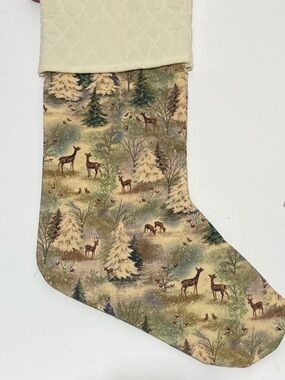 3/$30 Cream Cuff Green Woodland Deer Holiday Stocking
